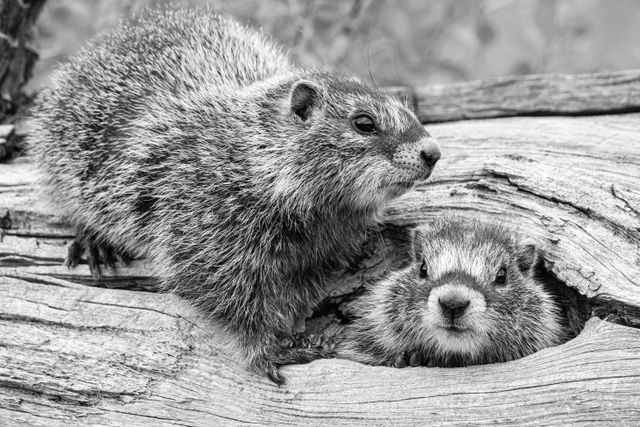 Two marmots on a fallen tree. The one on the right is poking its head through a hole, and the one on the left is standing just outside the hole.