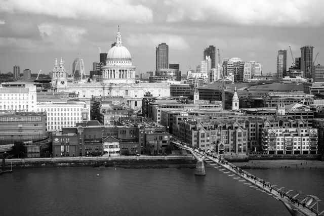 St. Paul's Cathedral and the Millennium Bridge, from the observation deck of Tate Modern.