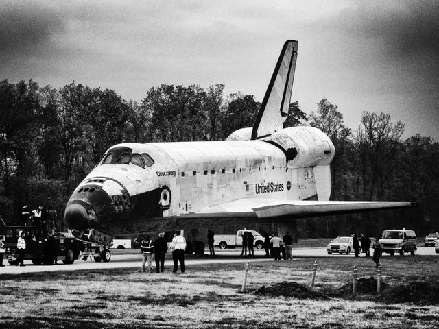 Discovery, getting ready for her close-up at the transfer ceremony in the Smithsonian National Air & Space Museum Steven F. Udvar-Hazy Center, Virginia.