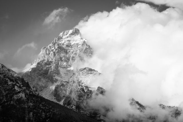 Grand Teton emerging from the clouds after a snowstorm.