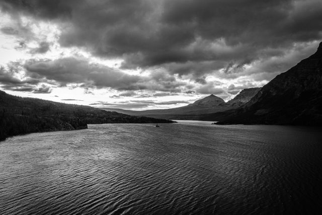 Saint Mary Lake seen from the Going-to-the-Sun Road at dawn on a very stormy day.