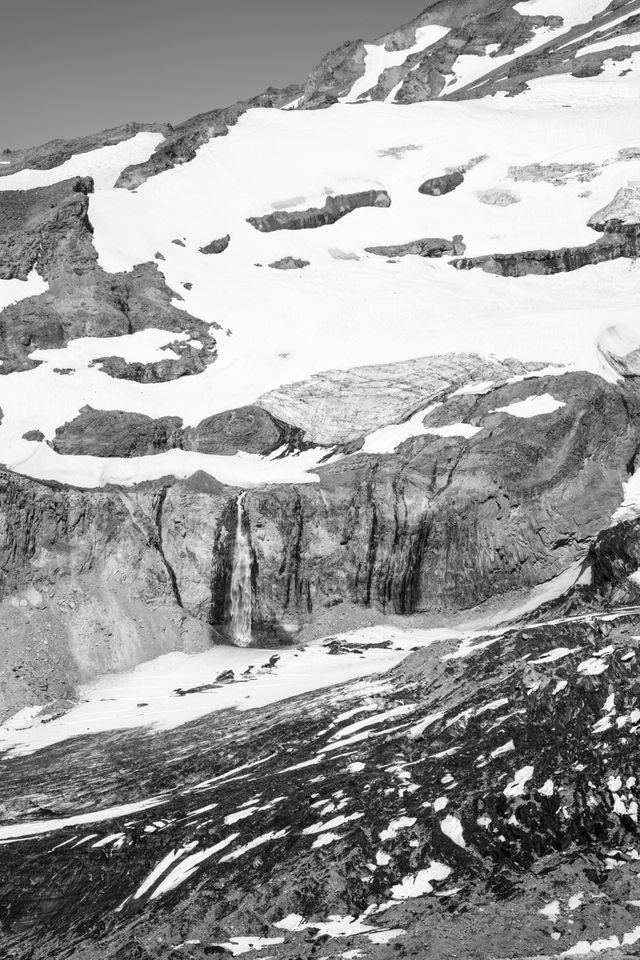 Close-up of glaciers & a waterfall on Wilson Gully on Mount Rainier.