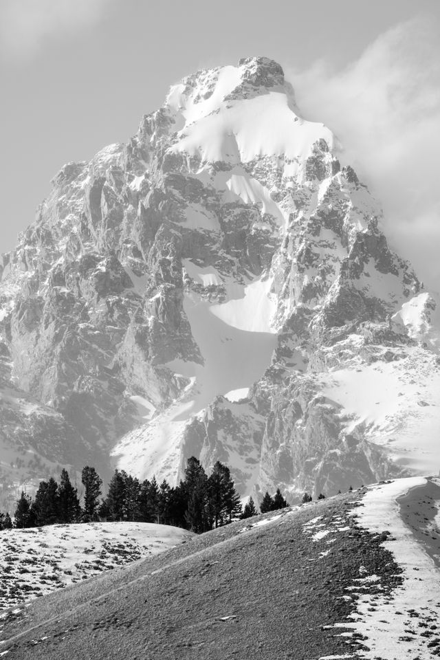 Close-up of Grand Teton, seen behind Blacktail Butte from Antelope Flats.