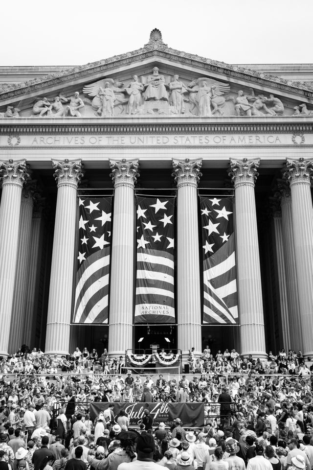 People listening to the Declaration of Independence in front of the National Archives in Washington, DC.