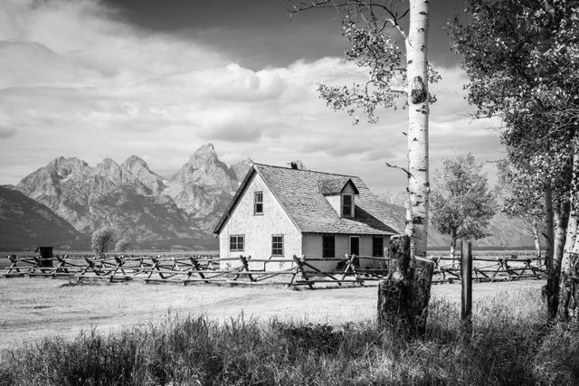 The John Moulton House, also known as the Pink House, in Mormon Row.  In the foreground, some aspen trees, and in the background, the Teton Range.