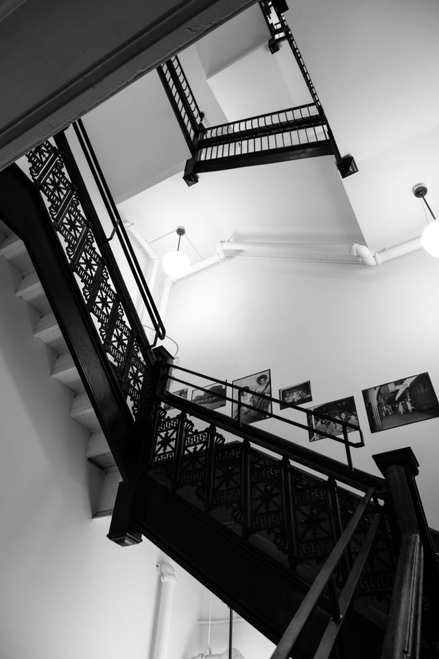 Looking up at a stairwell at the Ace Hotel in Pittsburgh.