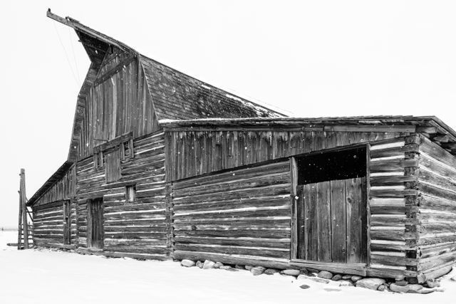 The front of the John & Bartha Moulton Barn at Mormon Row, Grand Teton National Park, during a snowstorm.