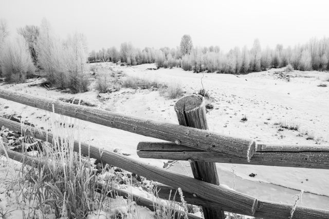 A wooden fence covered in frost in front of the Gros Ventre River, near Jackson, Wyoming.