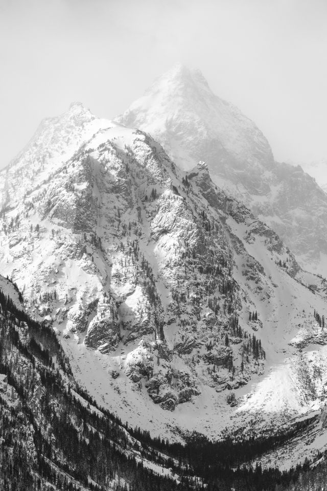 A couple of snow-covered peaks in the Teton Range, seen from the Teton Point Turnout.